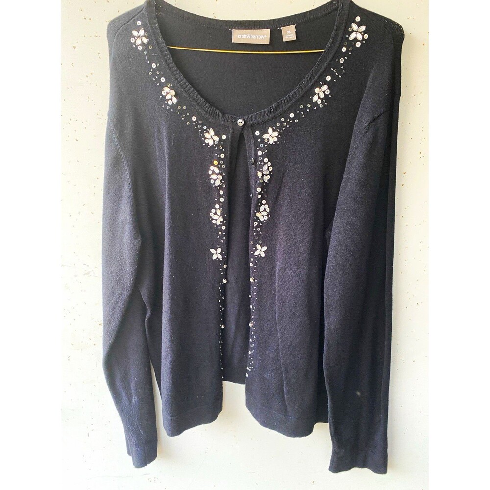 Croft & Barrow Black Knit Button-Up V-Neck Cardigan Beaded Rhinestone XL